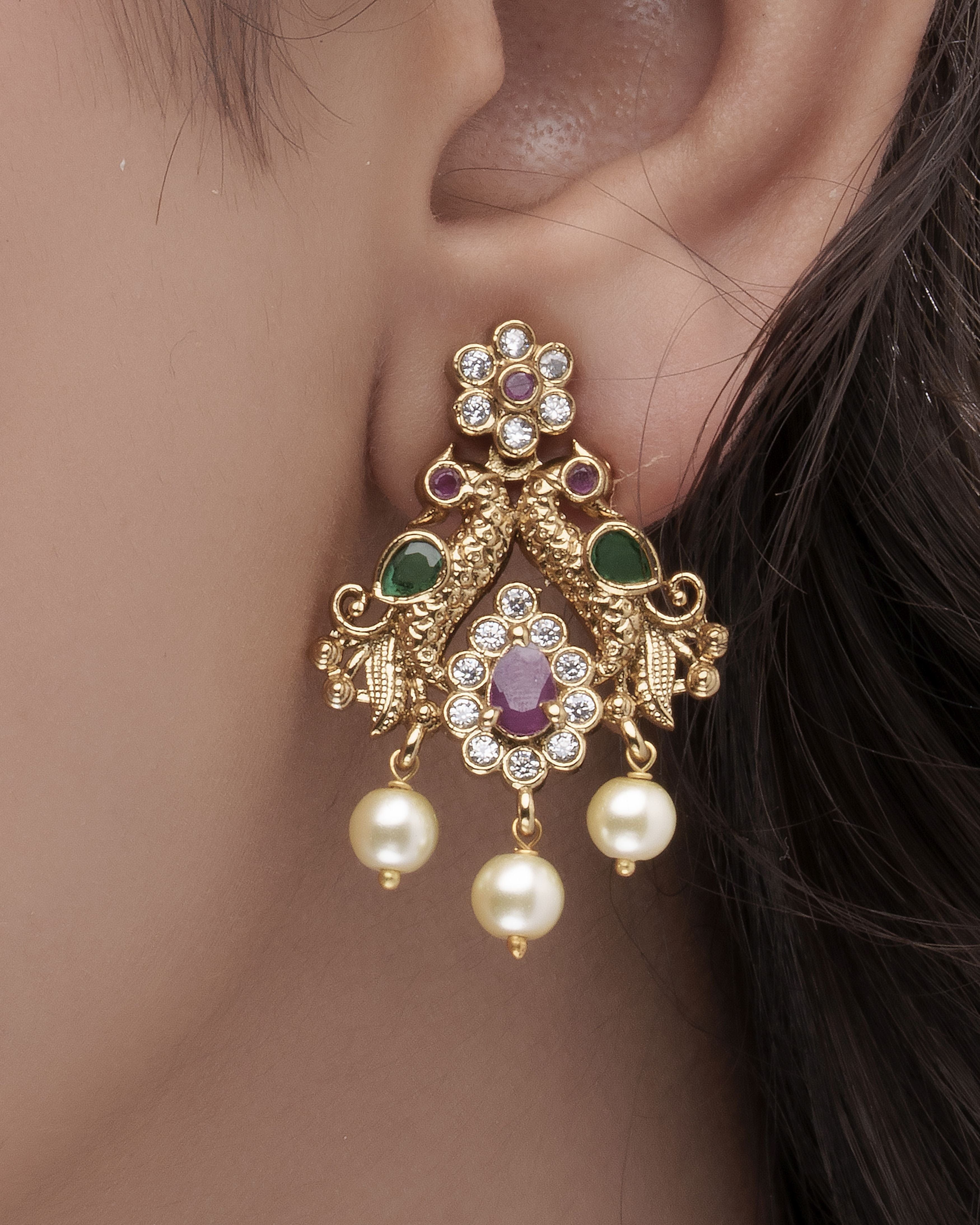 Mataari Necklaces Temple Necklace & Pearl Drop Earrings Set | Gold Tone | Indian Jewelry | Mataari