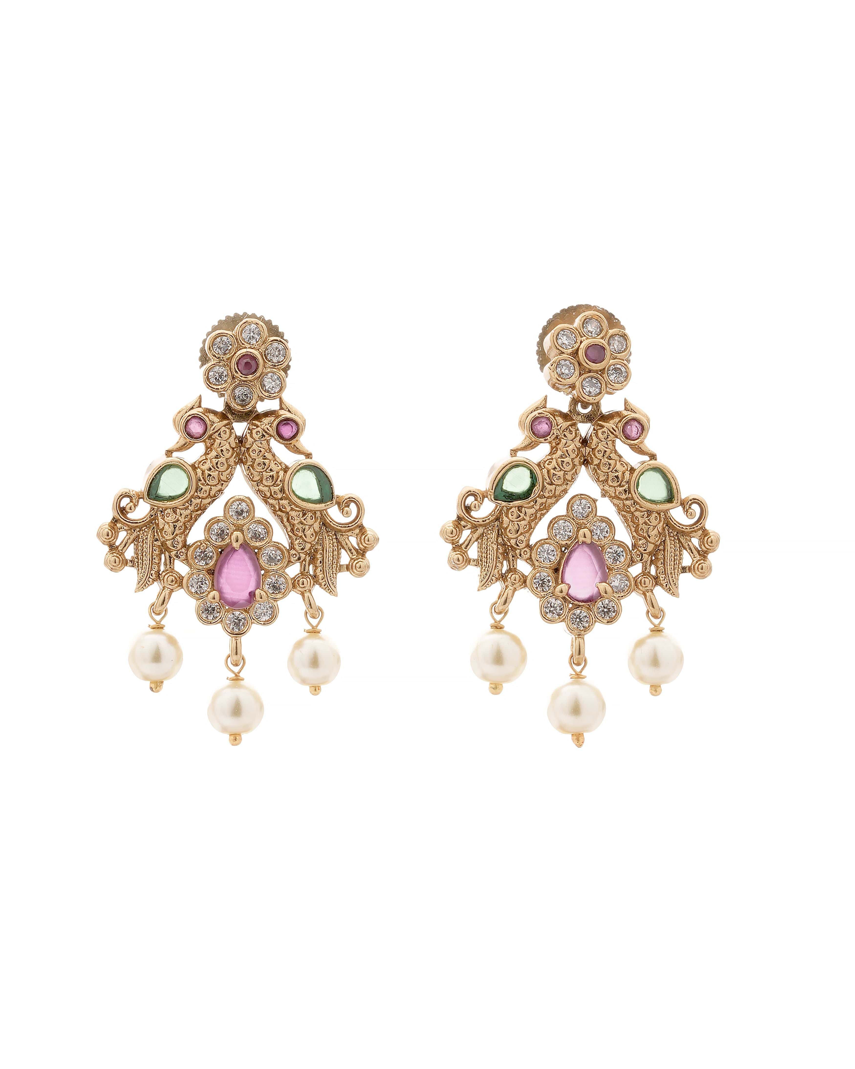 Mataari Necklaces Temple Necklace & Pearl Drop Earrings Set | Gold Tone | Indian Jewelry | Mataari