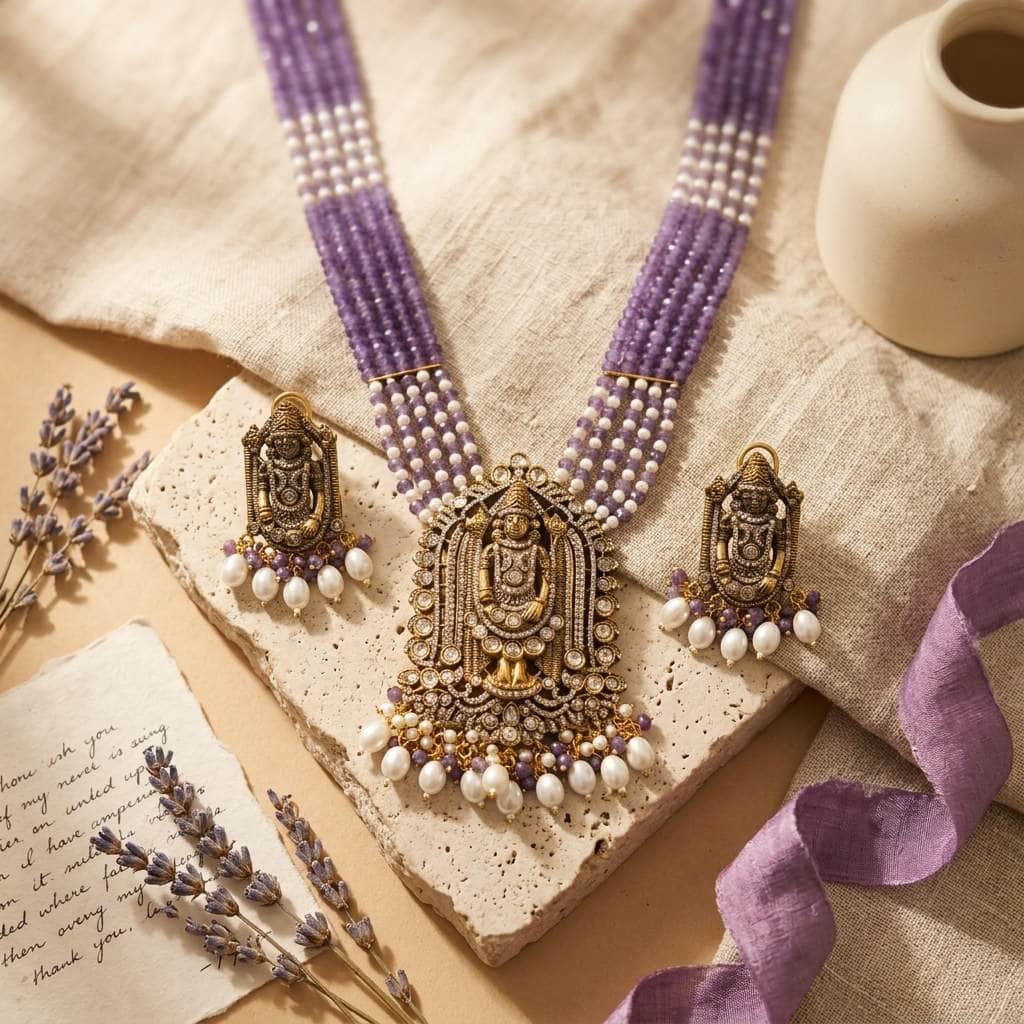 Mataari Necklaces Tiupati Balaji Antique Gold Pearl Beaded Amethyst Layered Long Necklace