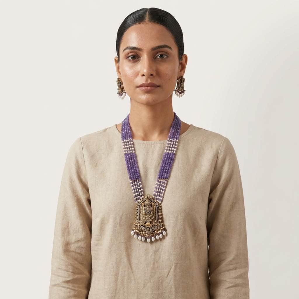 Mataari Necklaces Tiupati Balaji Antique Gold Pearl Beaded Amethyst Layered Long Necklace