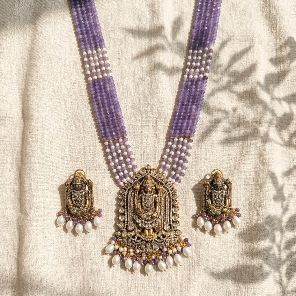 Mataari Necklaces Tiupati Balaji Antique Gold Pearl Beaded Amethyst Layered Long Necklace