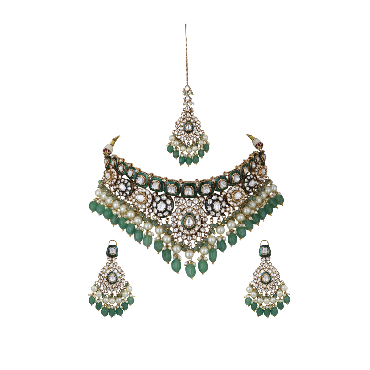 Mataari Necklaces Usha Enamel Gold Plated Polki Kundan Emerald Choker Necklace with Maang Tikka