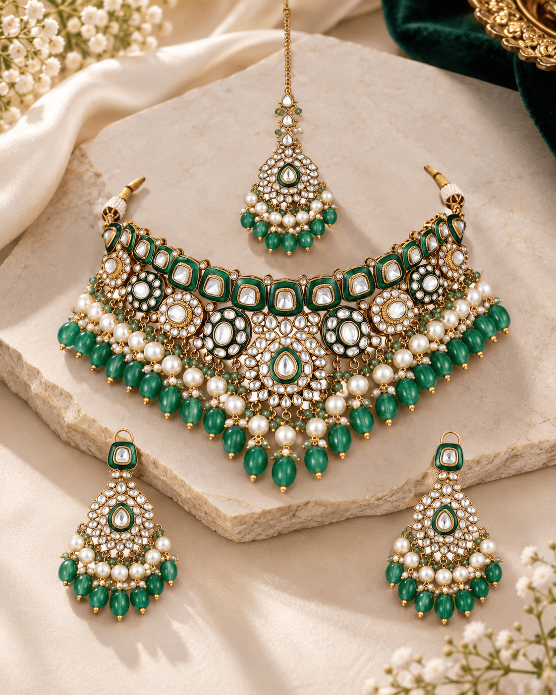 Mataari Necklaces Usha Enamel Gold Plated Polki Kundan Emerald Choker Necklace with Maang Tikka