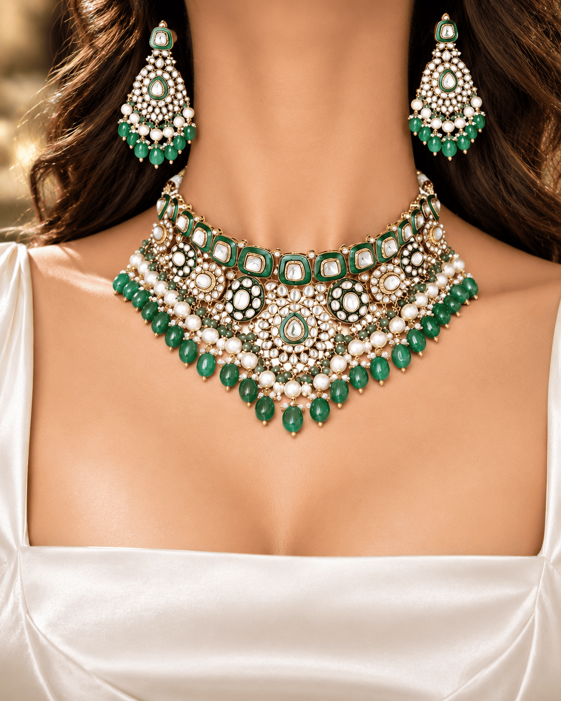 Mataari Necklaces Usha Enamel Gold Plated Polki Kundan Emerald Choker Necklace with Maang Tikka
