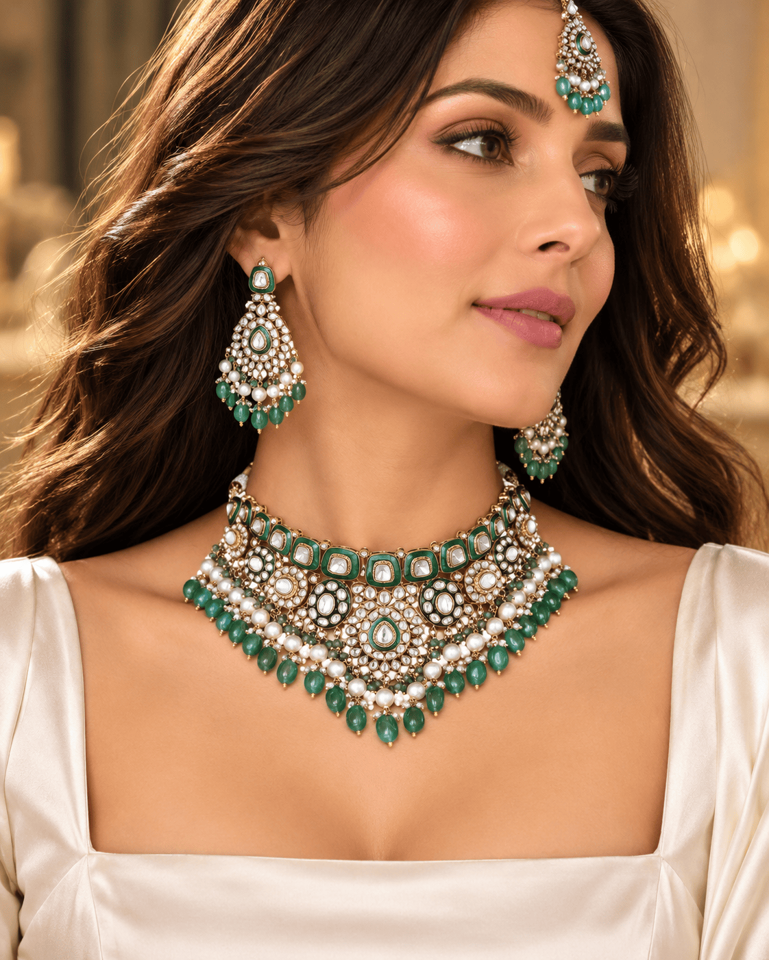 Mataari Necklaces Usha Enamel Gold Plated Polki Kundan Emerald Choker Necklace with Maang Tikka