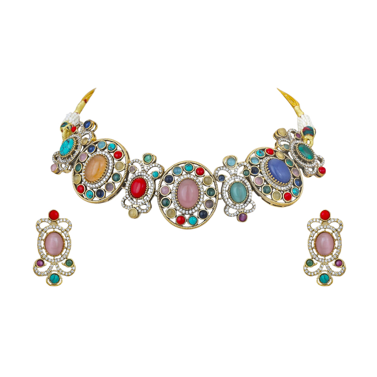 Mataari Necklaces Vaidehi Navratna Crystal CZ Gold Plated Choker Necklace Set
