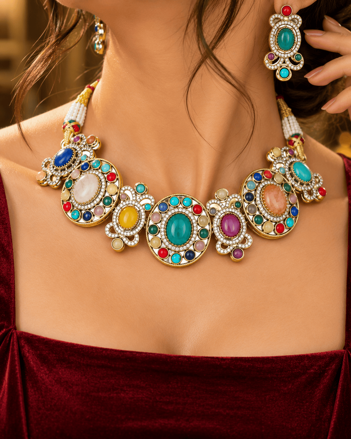 Mataari Necklaces Vaidehi Navratna Crystal CZ Gold Plated Choker Necklace Set
