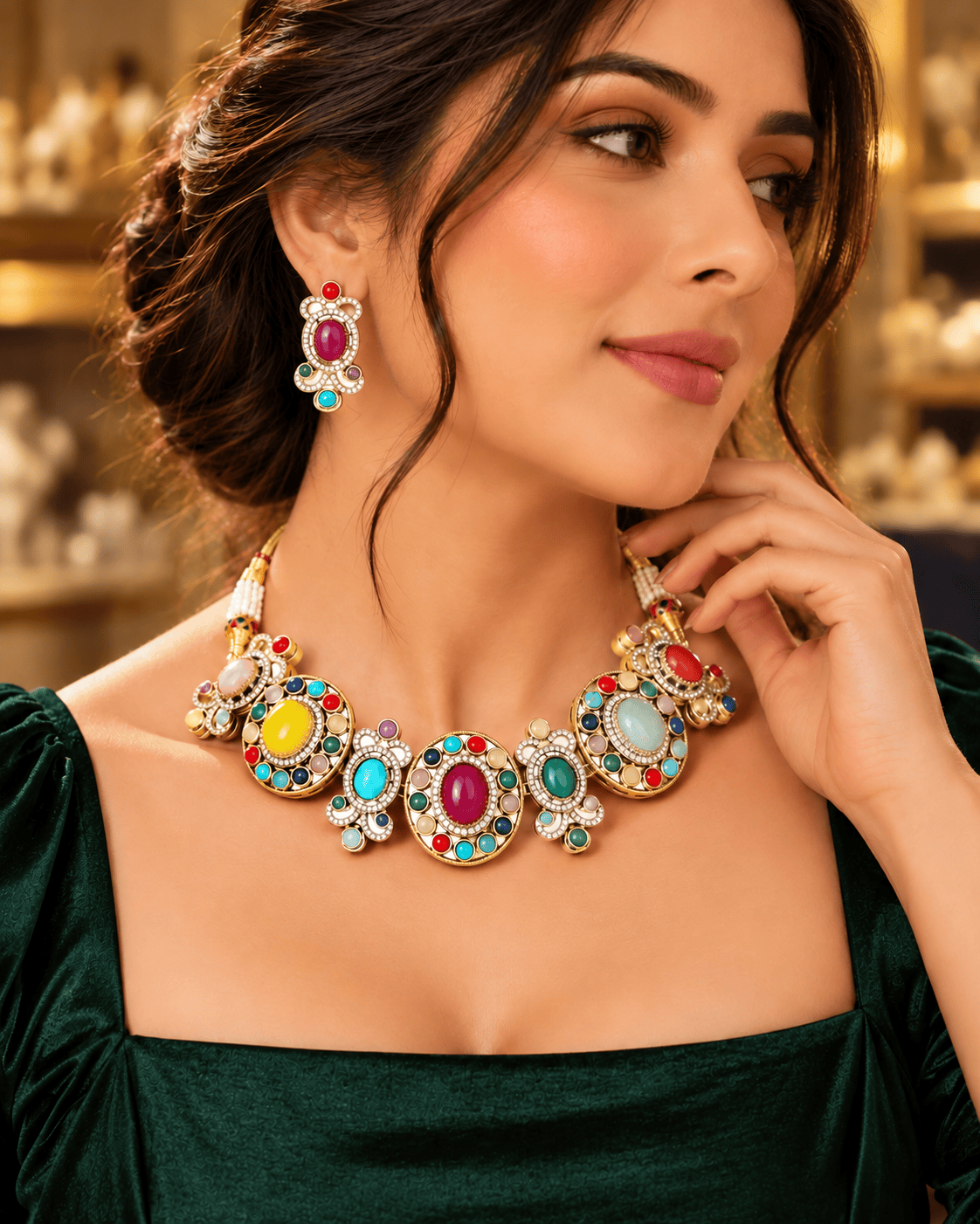 Mataari Necklaces Vaidehi Navratna Crystal CZ Gold Plated Choker Necklace Set