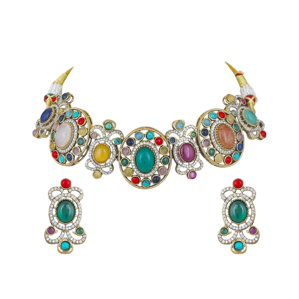 Mataari Necklaces Vaidehi Navratna Crystal CZ Gold Plated Choker Necklace Set