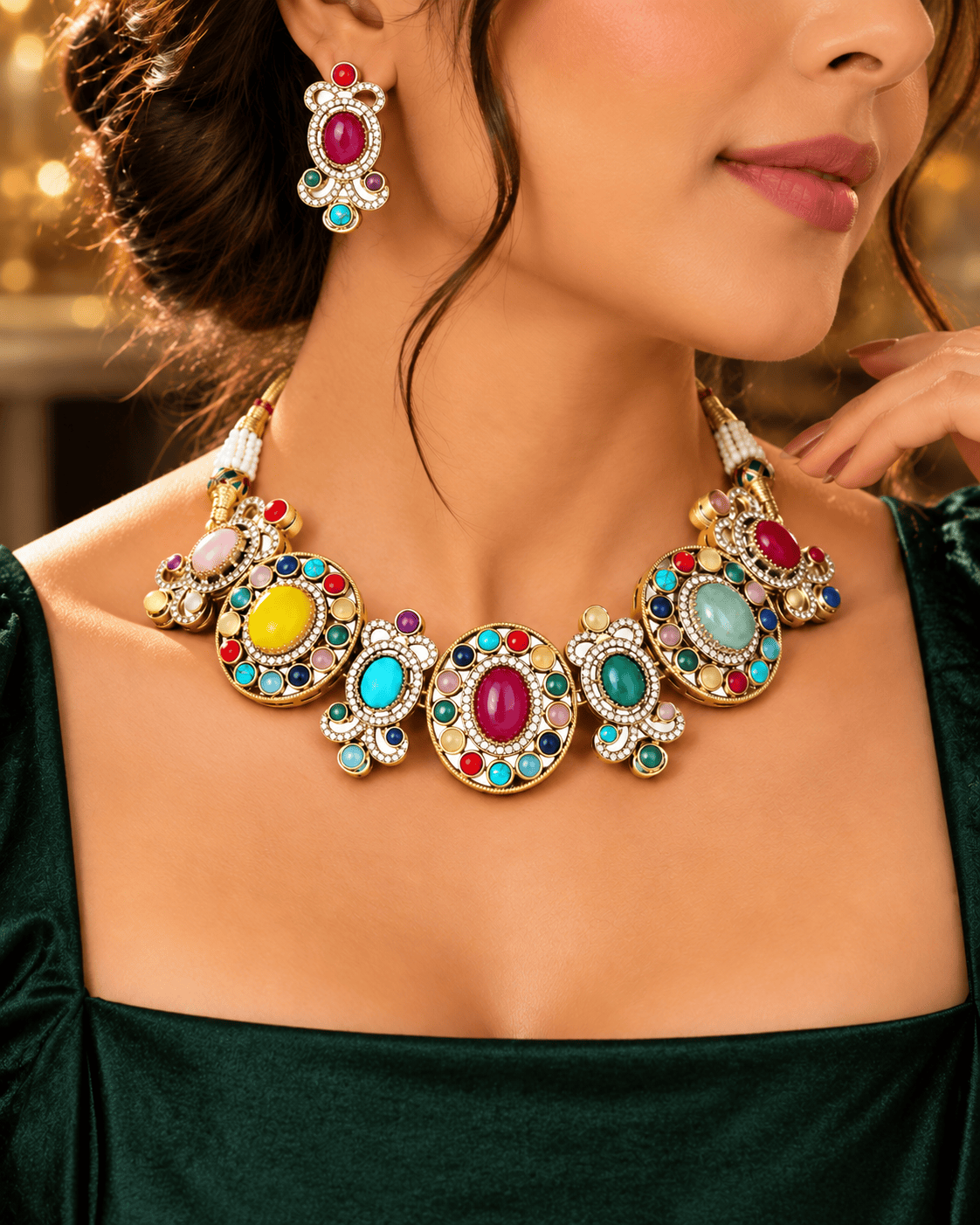Mataari Necklaces Vaidehi Navratna Crystal CZ Gold Plated Choker Necklace Set