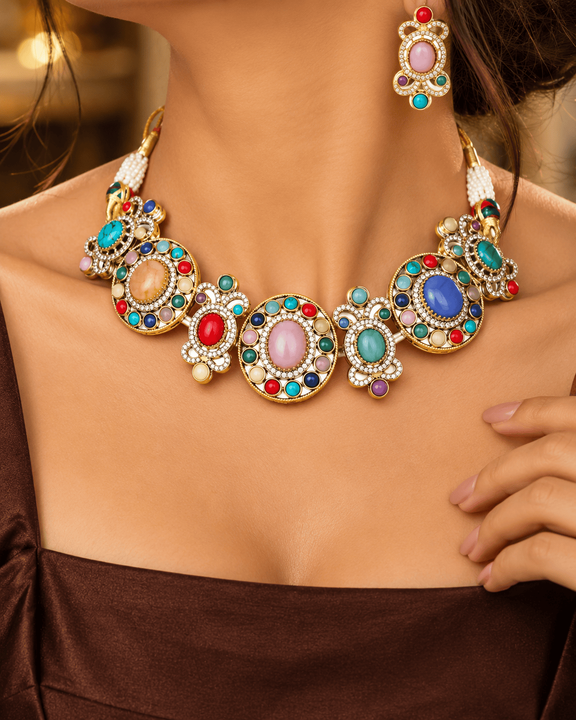 Mataari Necklaces Vaidehi Navratna Crystal CZ Gold Plated Choker Necklace Set