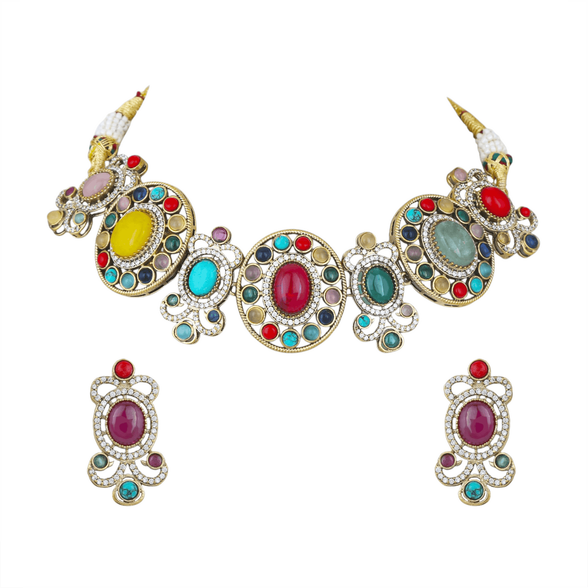 Mataari Necklaces Vaidehi Navratna Crystal CZ Gold Plated Choker Necklace Set