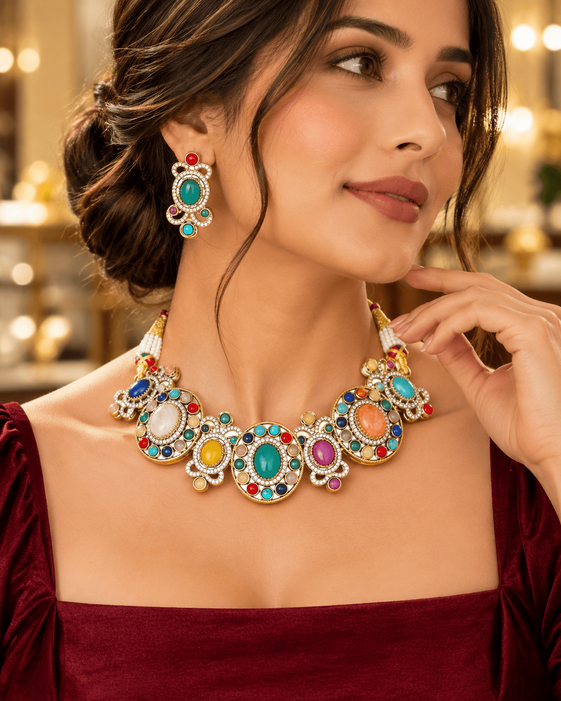 Mataari Necklaces Vaidehi Navratna Crystal CZ Gold Plated Choker Necklace Set