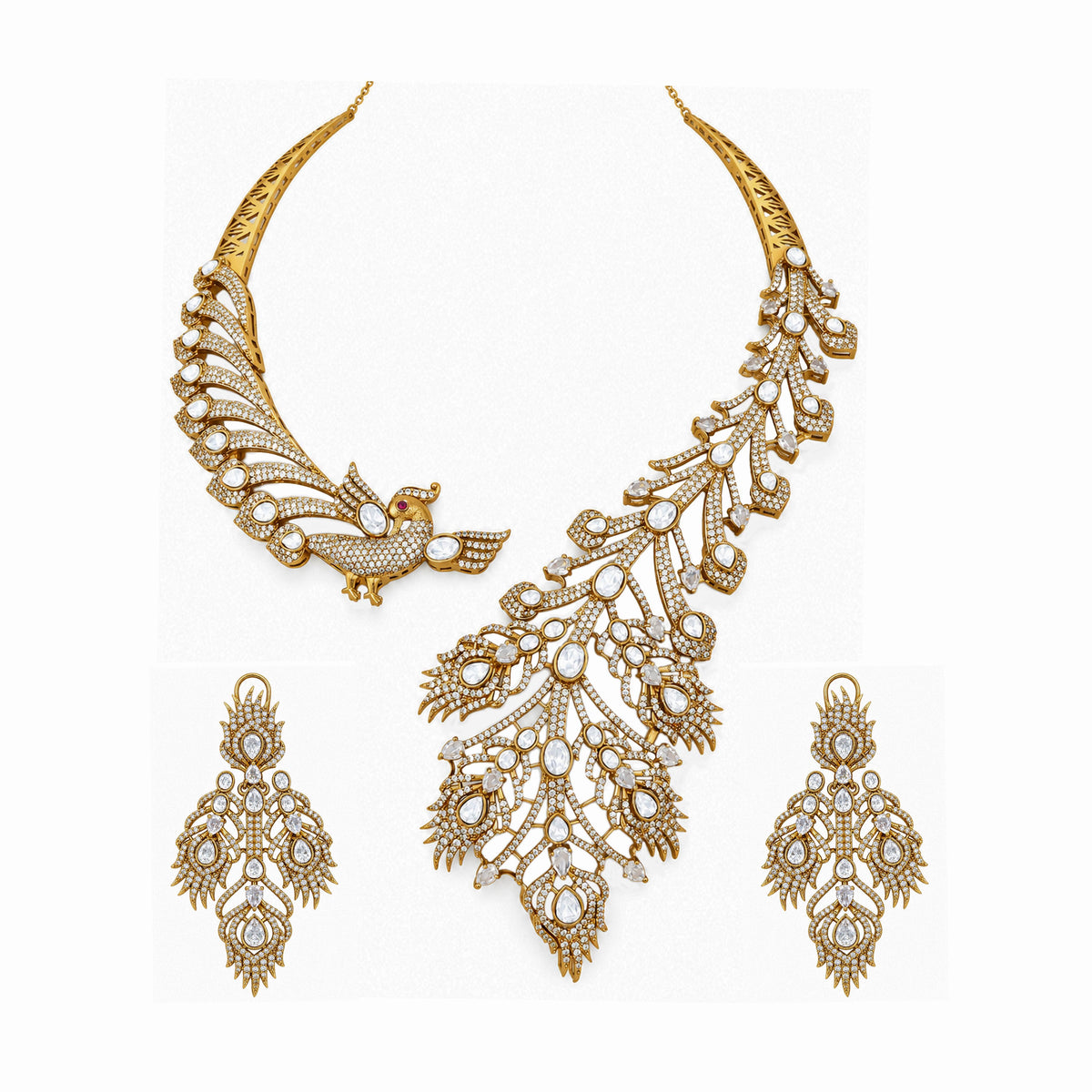 Mataari Necklaces Vedanti Feather Gold Plated Peacock CZ Bridal Necklace
