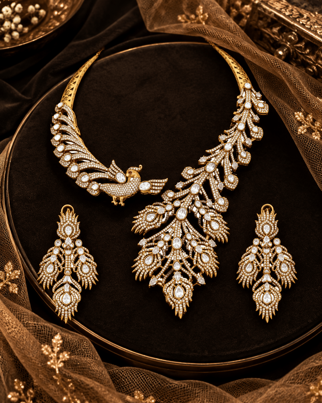 Mataari Necklaces Vedanti Feather Gold Plated Peacock CZ Bridal Necklace