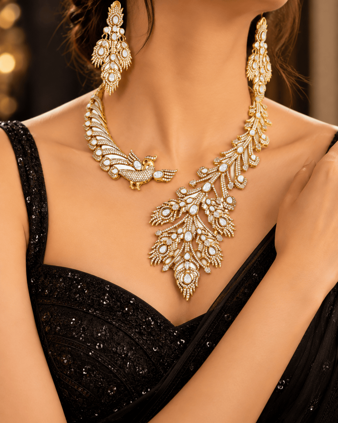 Mataari Necklaces Vedanti Feather Gold Plated Peacock CZ Bridal Necklace