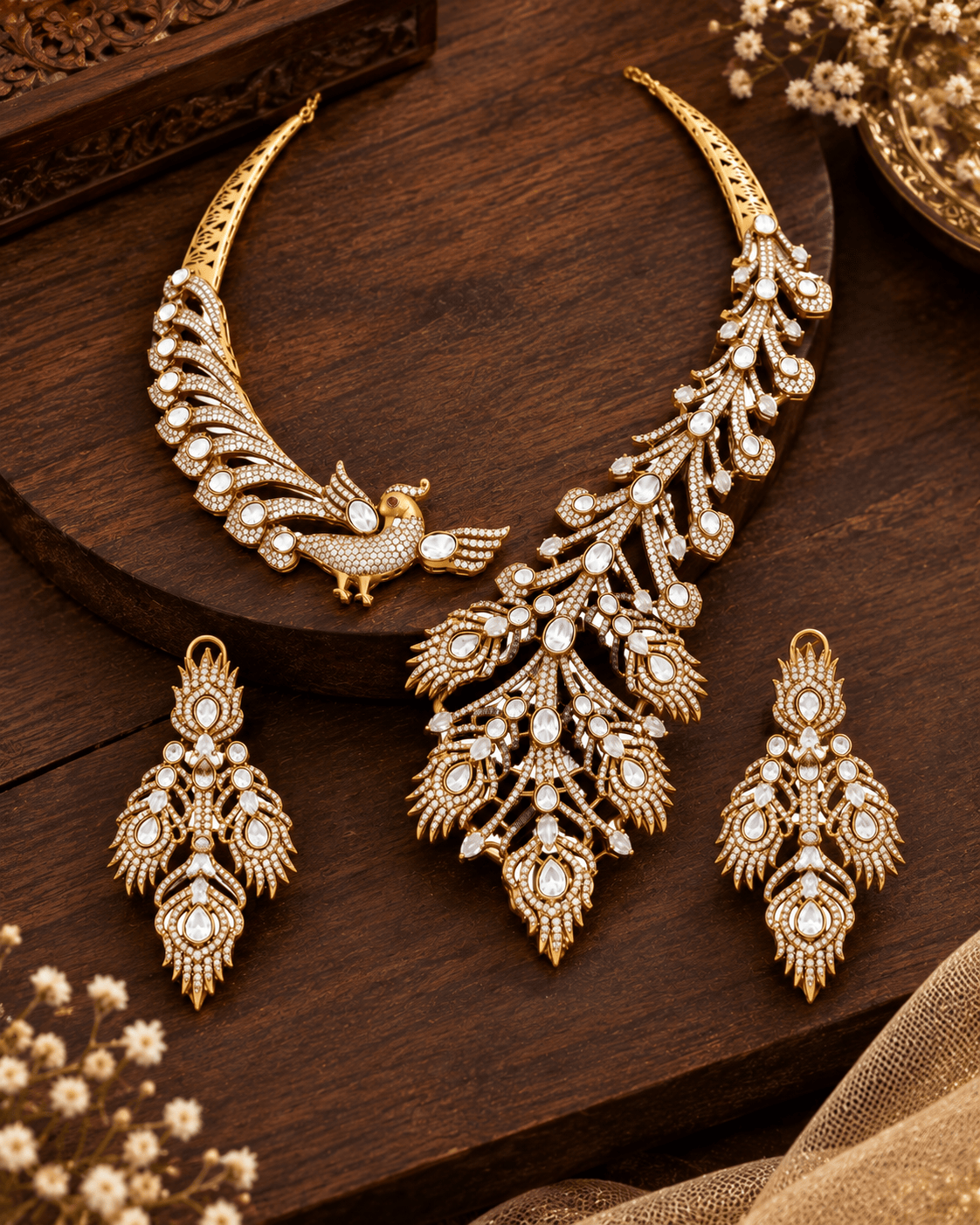 Mataari Necklaces Vedanti Feather Gold Plated Peacock CZ Bridal Necklace
