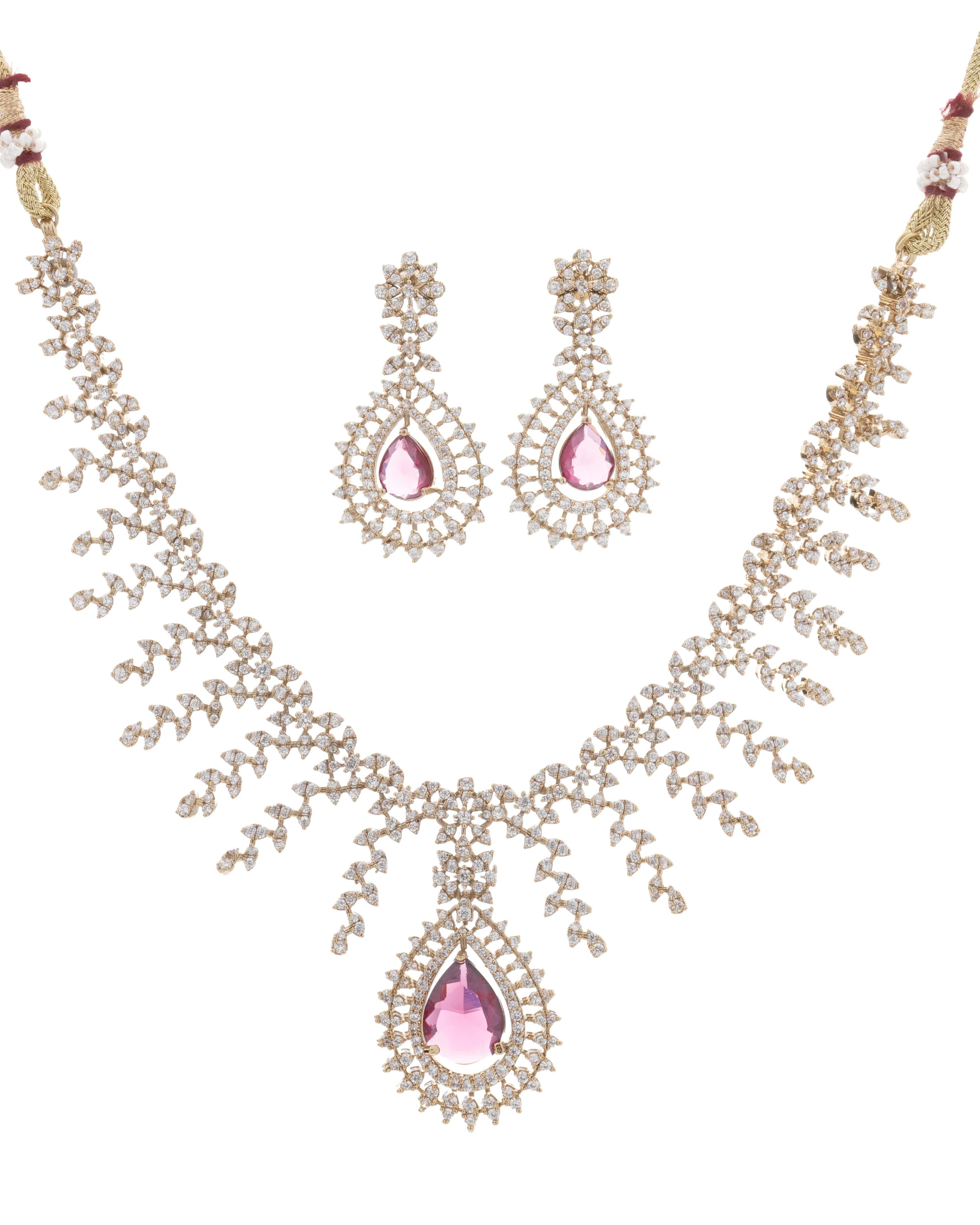 Mataari Necklaces Victorian Blushing Cascade Teardrop CZ Necklace & Earrings Set | Rose Pink & Ruby Red | 18K Gold Tone | Bridal Indian Jewelry