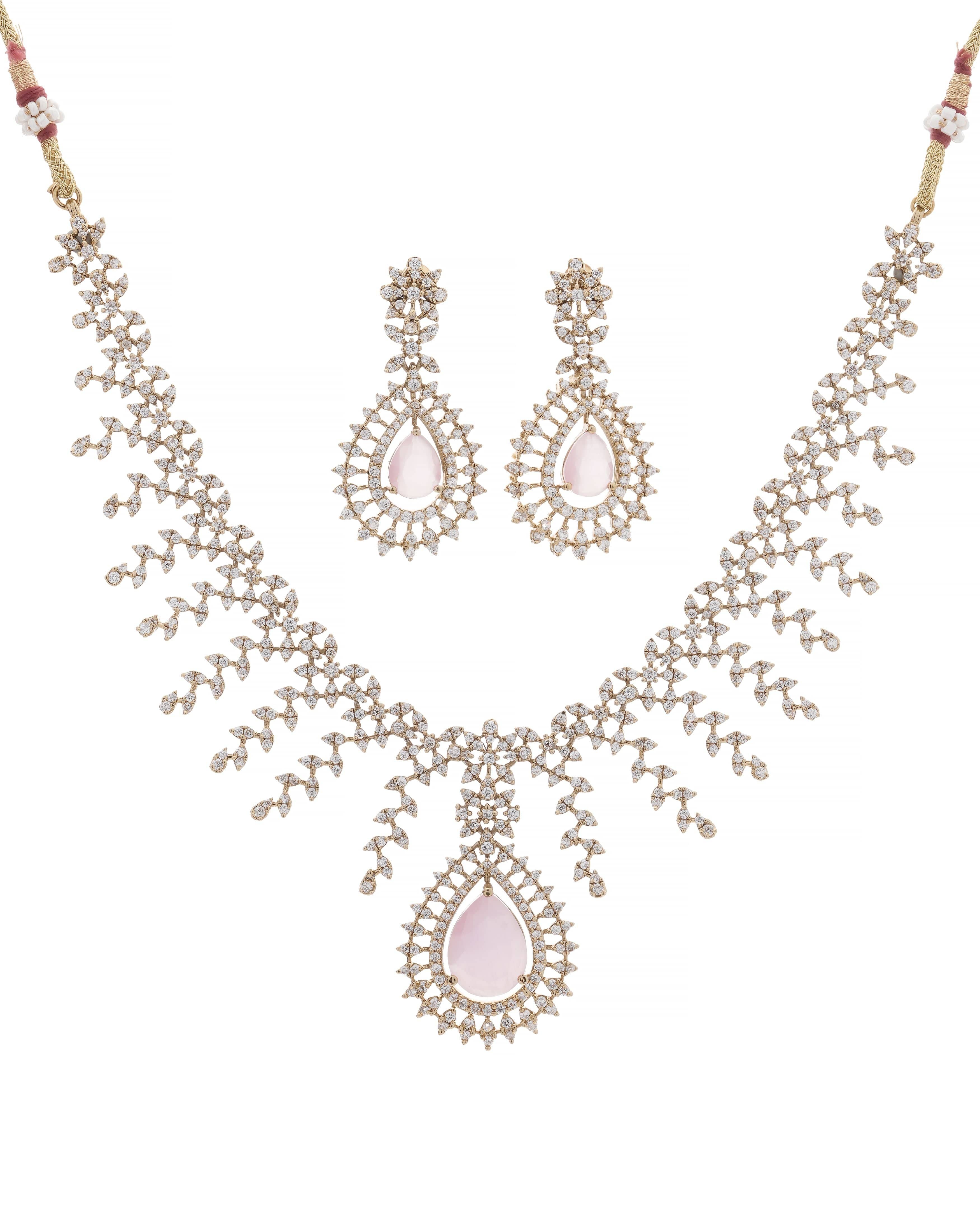 Mataari Necklaces Victorian Blushing Cascade Teardrop CZ Necklace & Earrings Set | Rose Pink & Ruby Red | 18K Gold Tone | Bridal Indian Jewelry