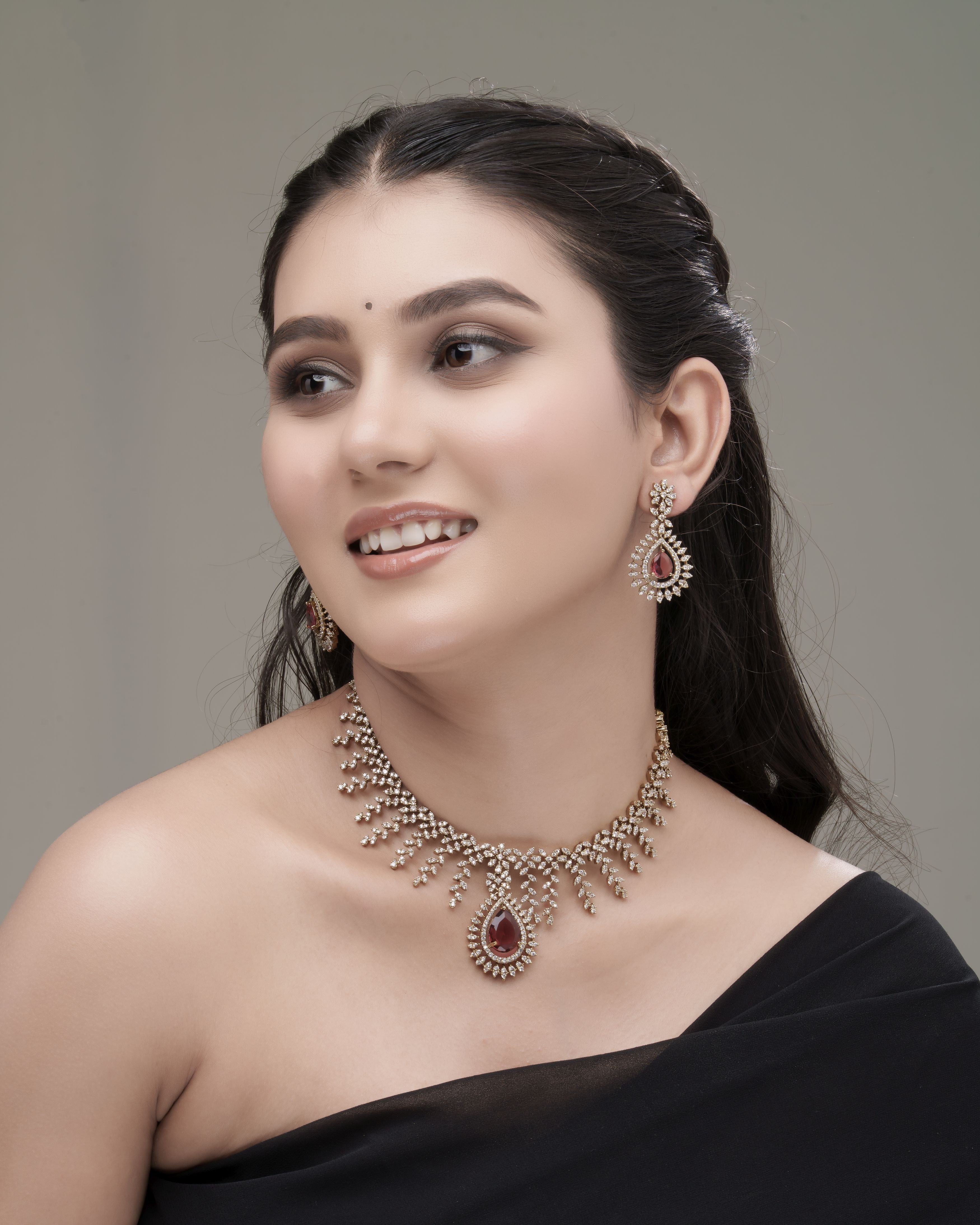 Mataari Necklaces Victorian Blushing Cascade Teardrop CZ Necklace & Earrings Set | Rose Pink & Ruby Red | 18K Gold Tone | Bridal Indian Jewelry