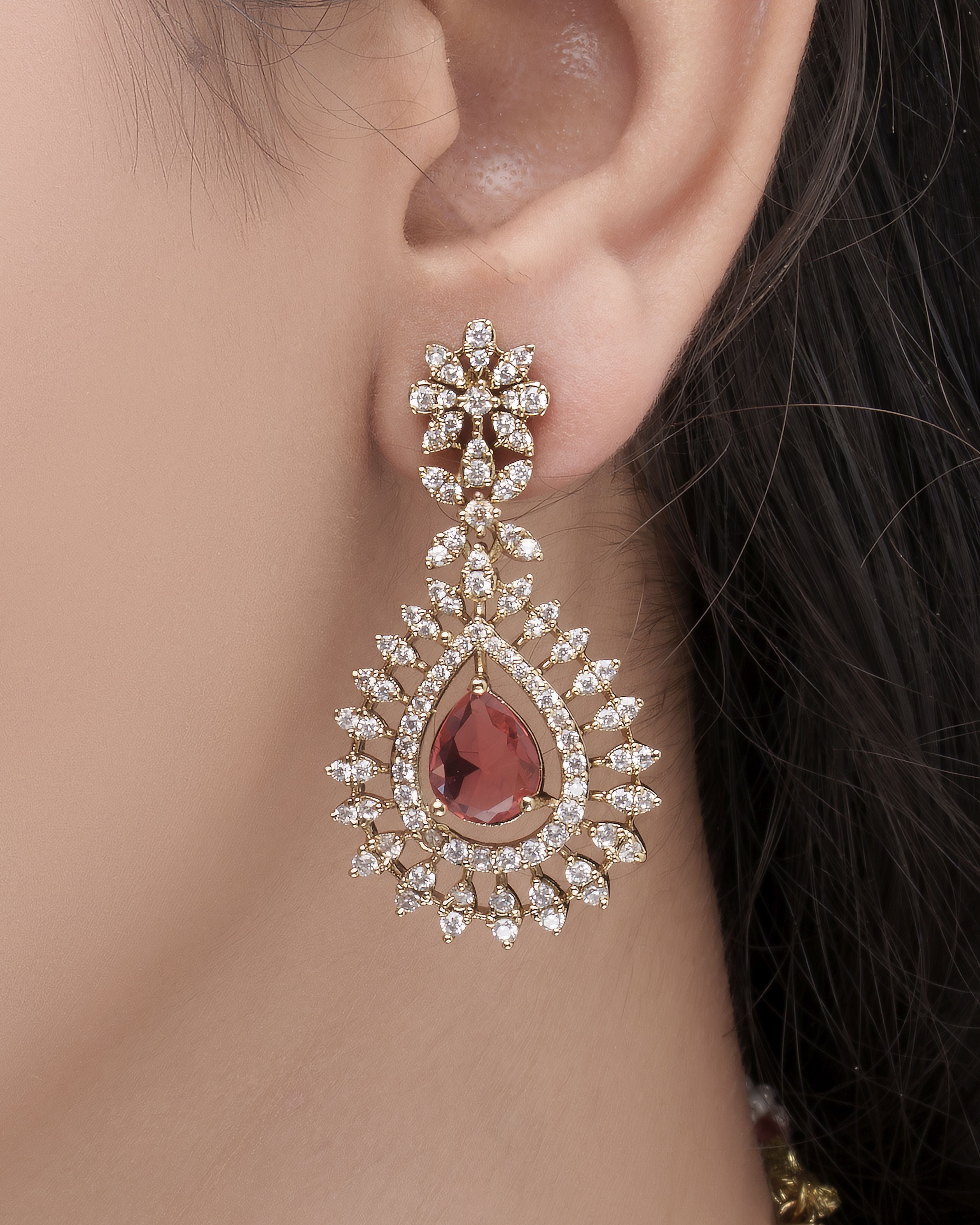 Mataari Necklaces Victorian Blushing Cascade Teardrop CZ Necklace & Earrings Set | Rose Pink & Ruby Red | 18K Gold Tone | Bridal Indian Jewelry