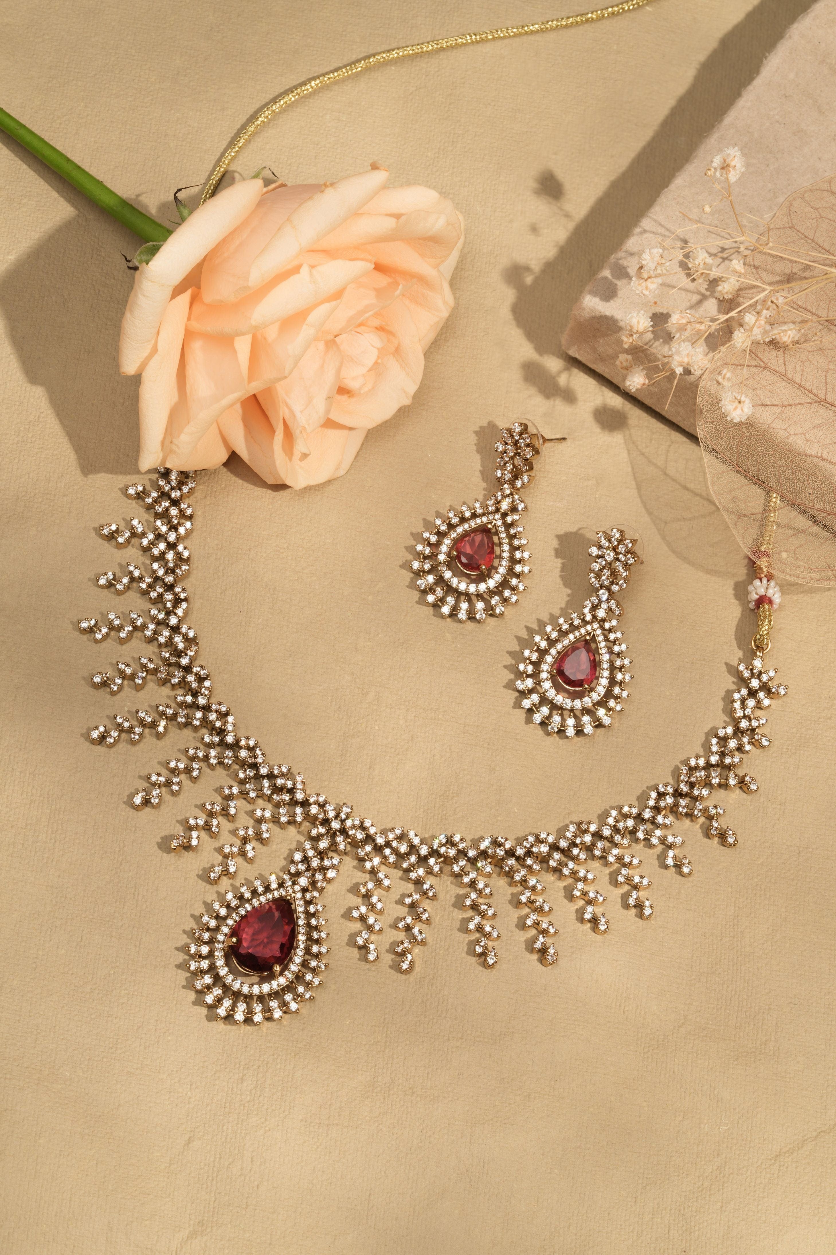Mataari Necklaces Victorian Blushing Cascade Teardrop CZ Necklace & Earrings Set | Rose Pink & Ruby Red | 18K Gold Tone | Bridal Indian Jewelry