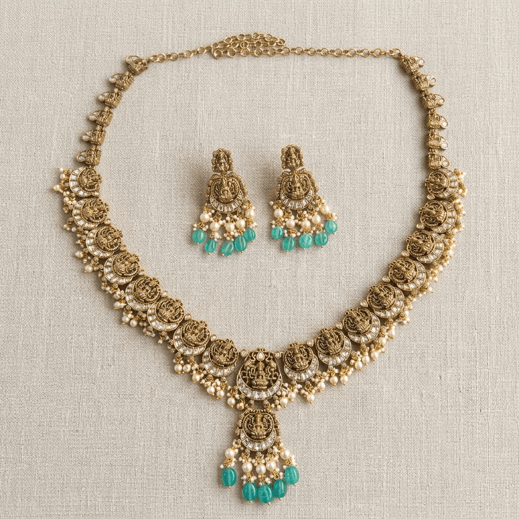 Mataari Necklaces Goddess Lakshmi Antique Gold Kundan Polki Pearl Beaded Necklace