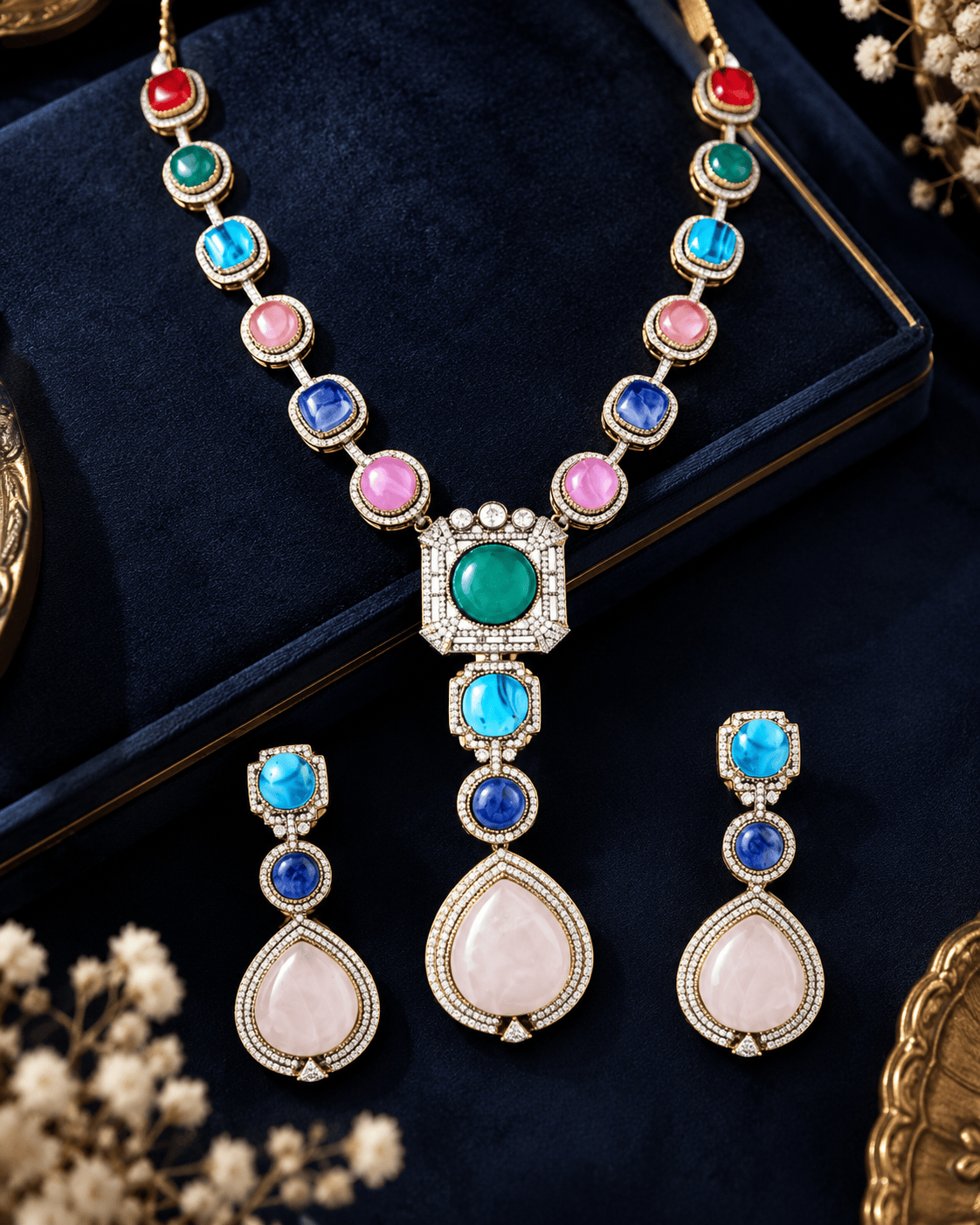 Mataari Necklaces Keya Gold Plated Crystal CZ Navratna Necklace Set