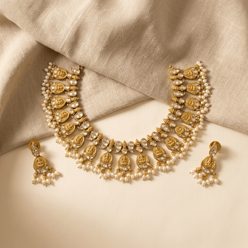 Mataari Necklaces Mango Antique Gold Goddess Lakshmi Coin Kundan Polki Pearl Necklace