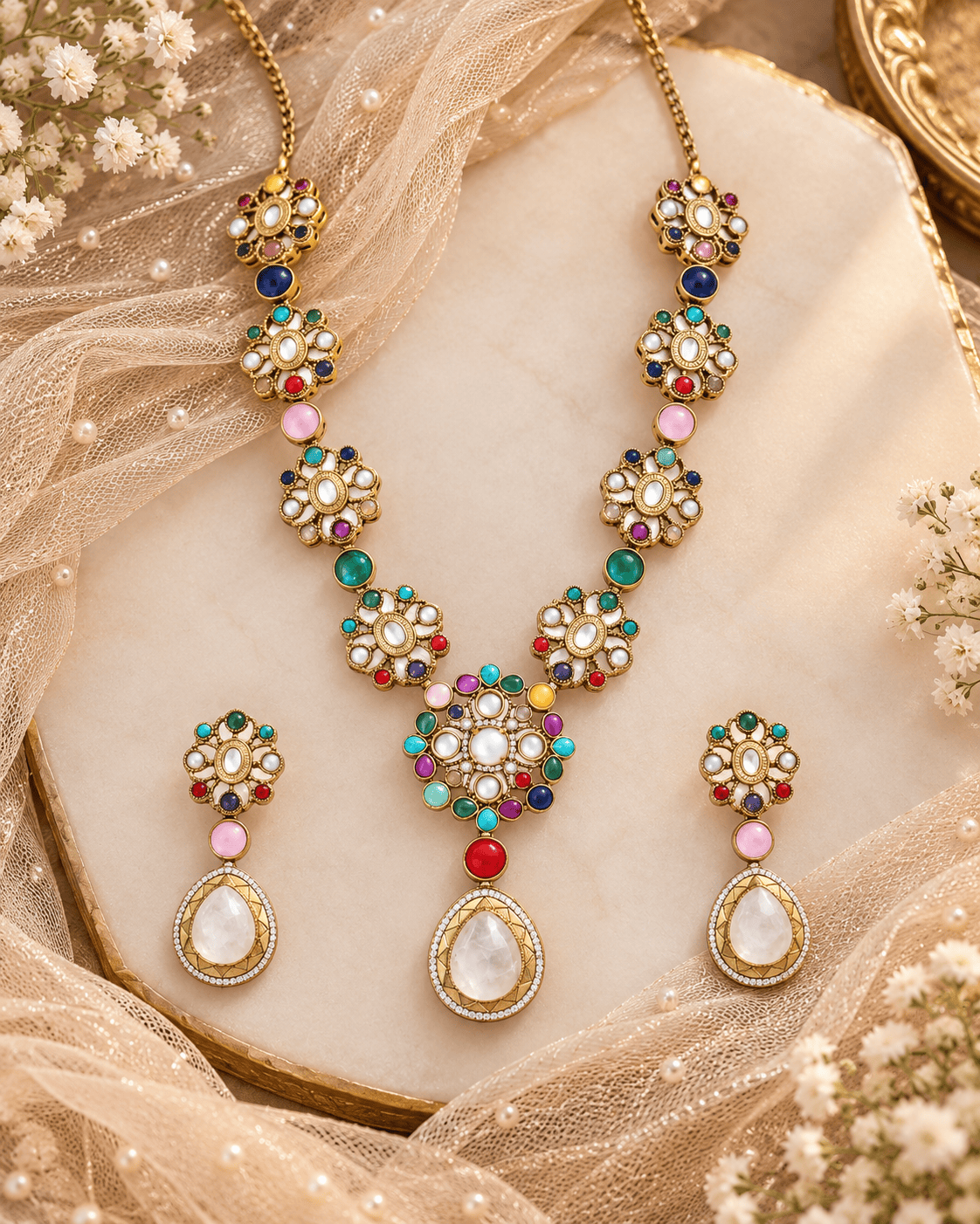 Mataari Necklaces Mehar Navratna Gold Plated Flower CZ Bridal Long Necklace