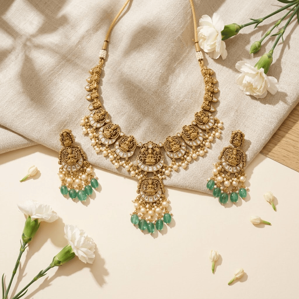 Mataari Necklaces Ruby Goddess Lakshmi Antique Gold Kundan Polki Pearl Beaded Necklace