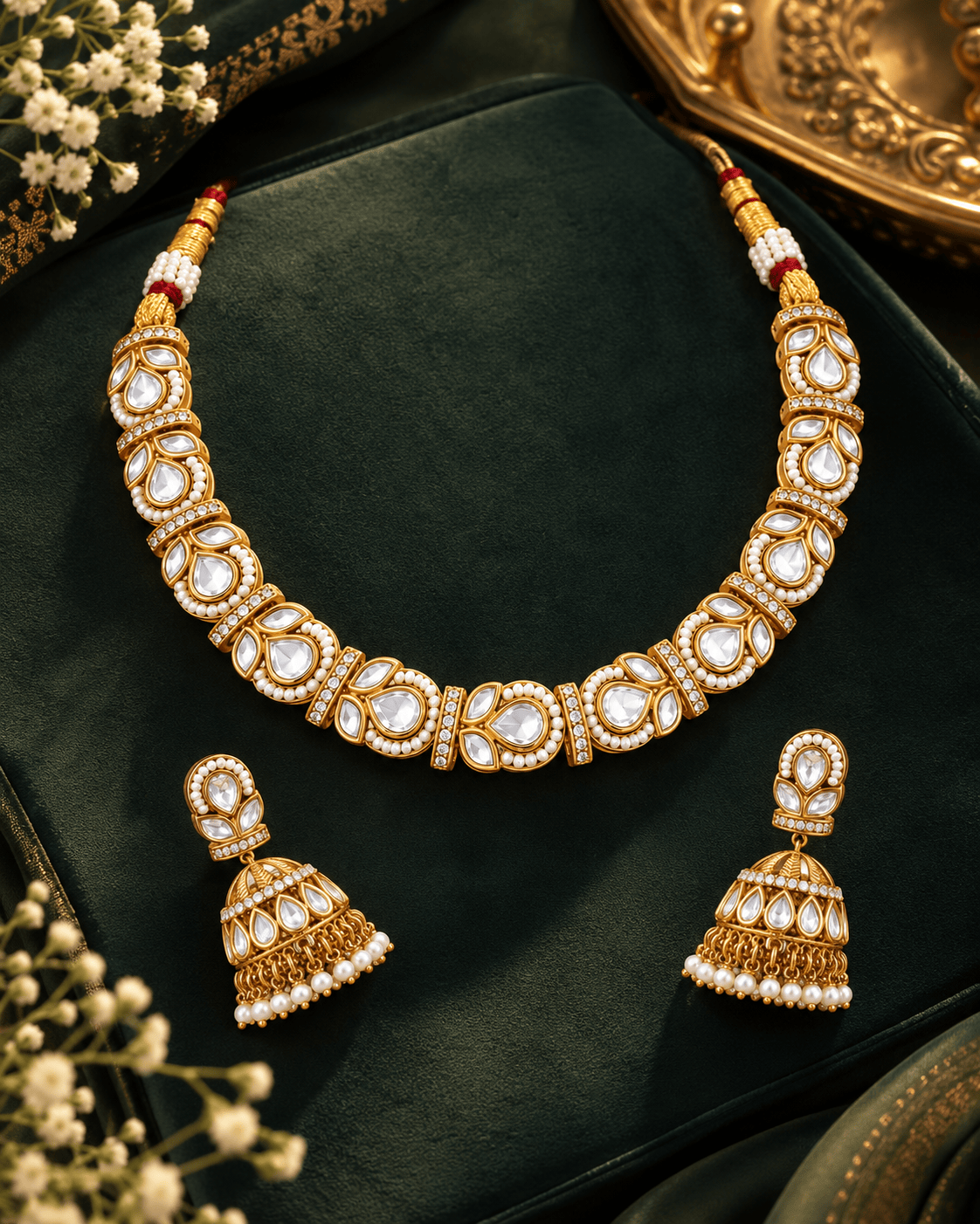 Mataari Necklaces Zaira Polki Kundan Gold Plated Crystal CZ Solitaire Necklace with Jhumka Earrings