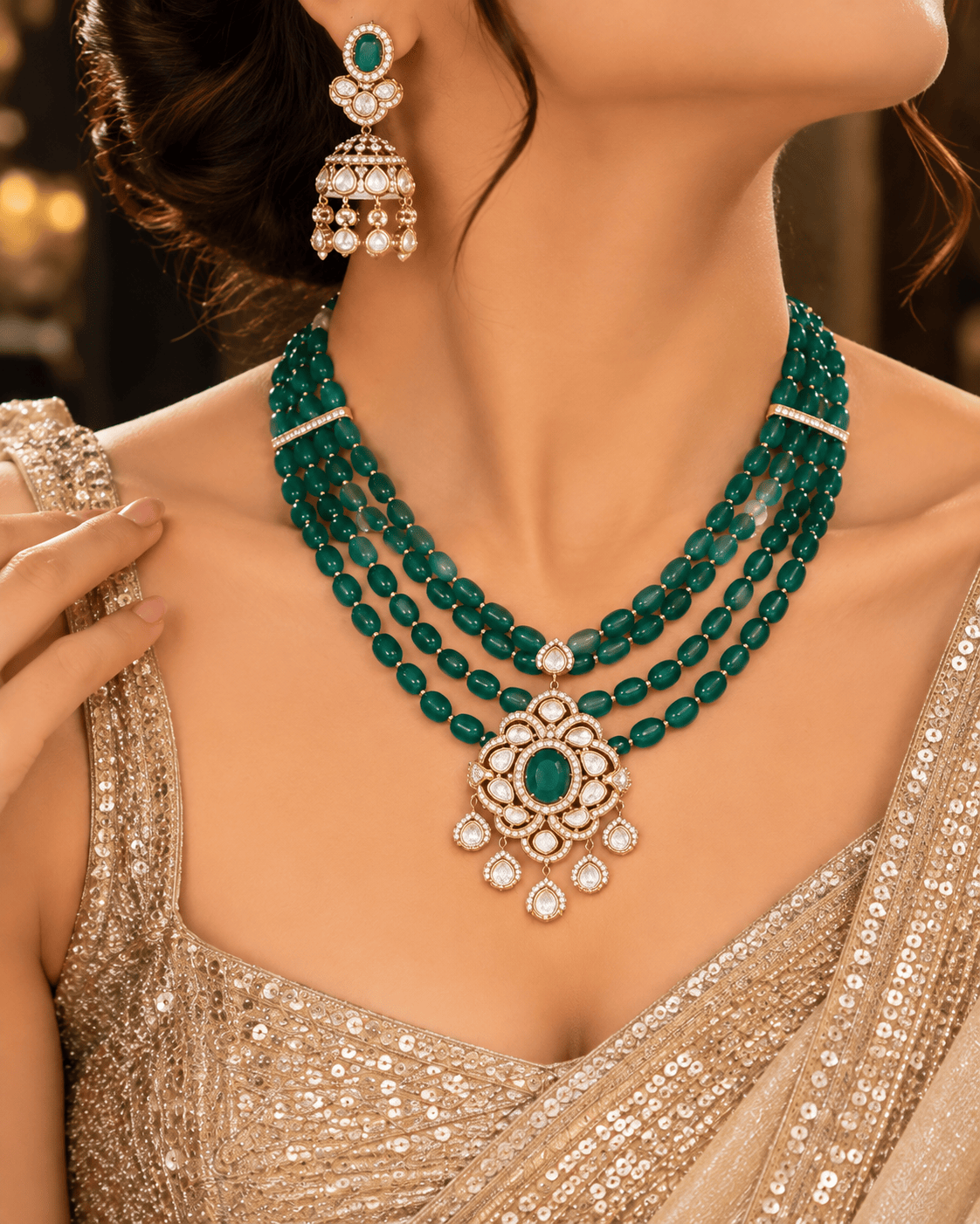 Mataari Necklaces Zeenat Emerald Beaded Layered Gold Plated Crystal CZ Pendant Necklace