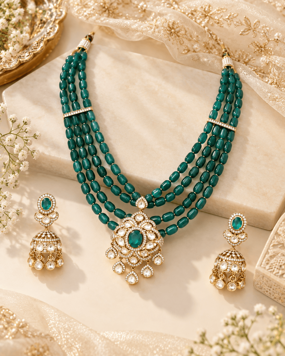 Mataari Necklaces Zeenat Emerald Beaded Layered Gold Plated Crystal CZ Pendant Necklace