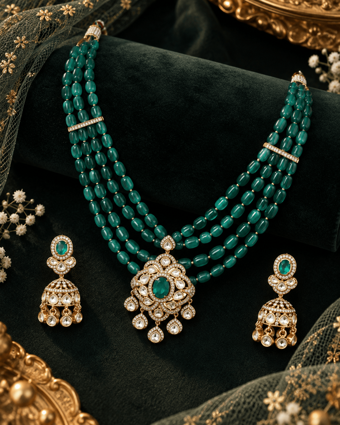 Mataari Necklaces Zeenat Emerald Beaded Layered Gold Plated Crystal CZ Pendant Necklace
