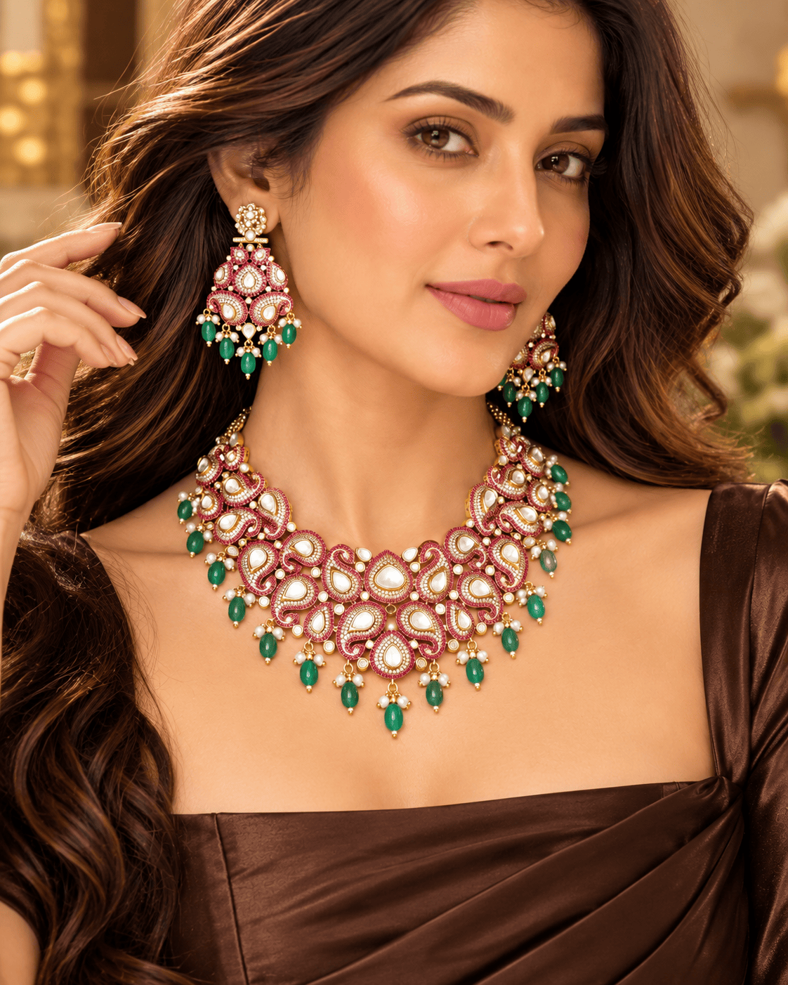 Mataari Necklaces Zelia Gold Plated Ruby Crystal CZ Bridal Choker Necklace