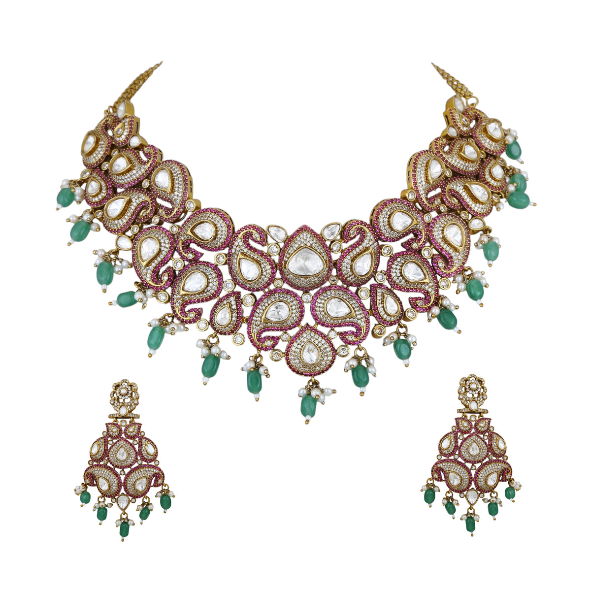 Mataari Necklaces Zelia Gold Plated Ruby Crystal CZ Bridal Choker Necklace