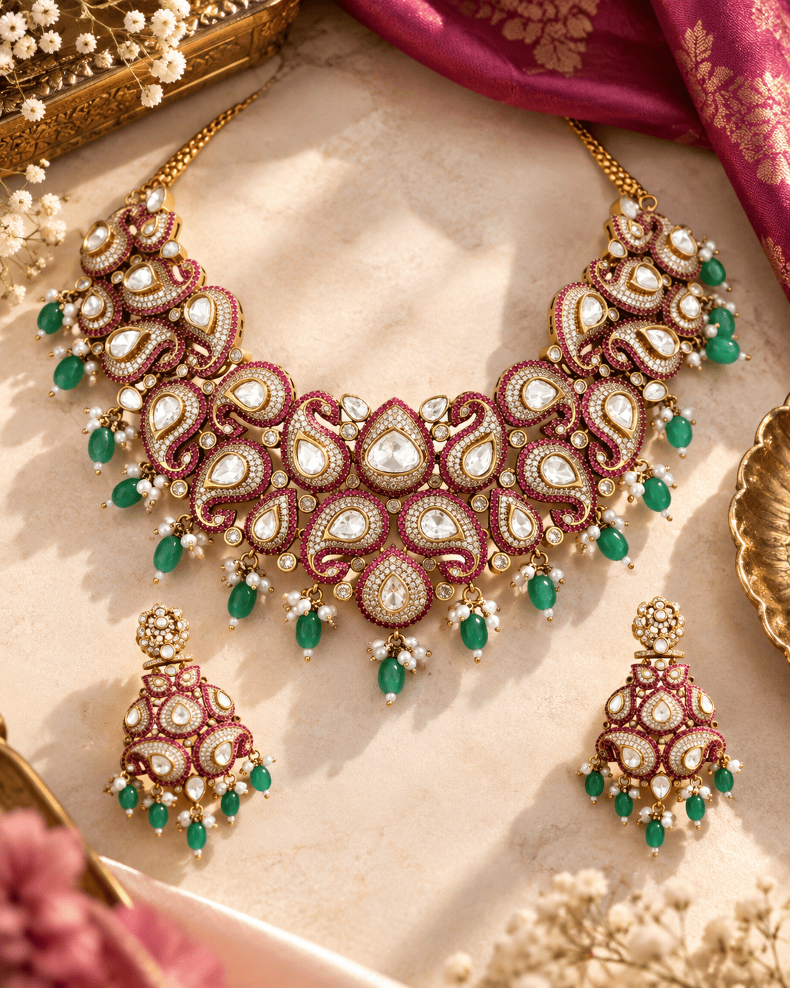 Mataari Necklaces Zelia Gold Plated Ruby Crystal CZ Bridal Choker Necklace