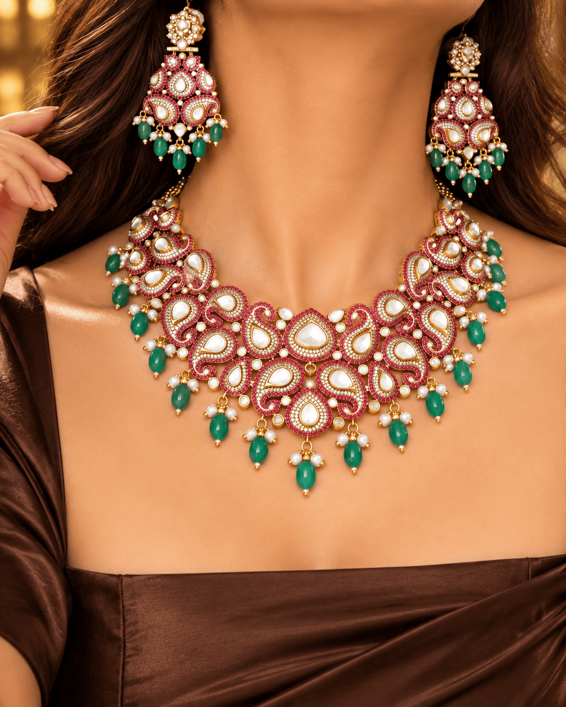 Mataari Necklaces Zelia Gold Plated Ruby Crystal CZ Bridal Choker Necklace