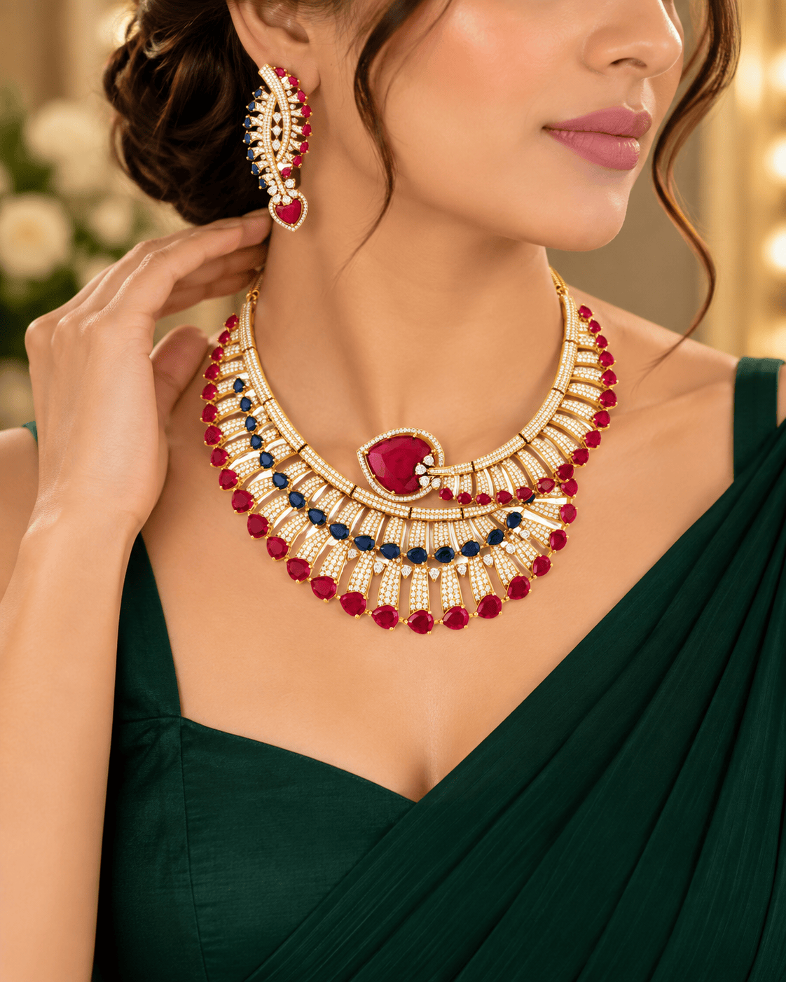Mataari Necklaces Ziva Gold Plated Heart Crystal CZ Choker Necklace Set