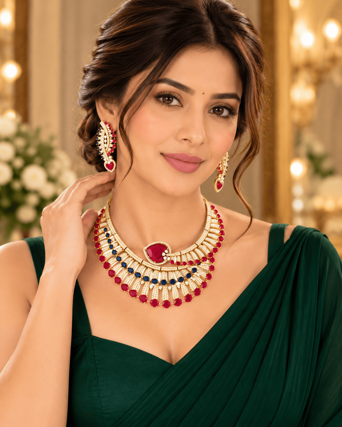 Mataari Necklaces Ziva Gold Plated Heart Crystal CZ Choker Necklace Set