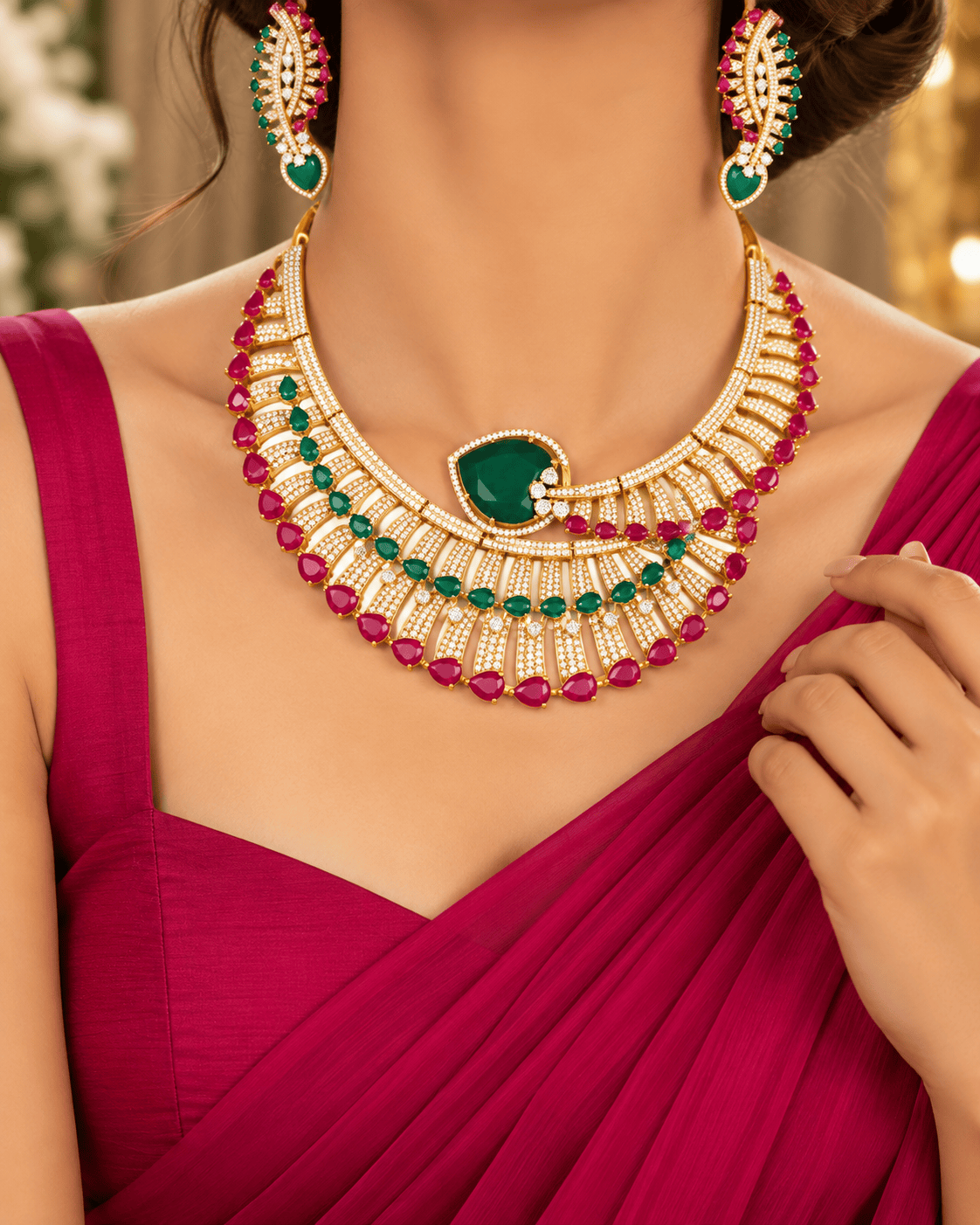 Mataari Necklaces Ziva Gold Plated Heart Crystal CZ Choker Necklace Set
