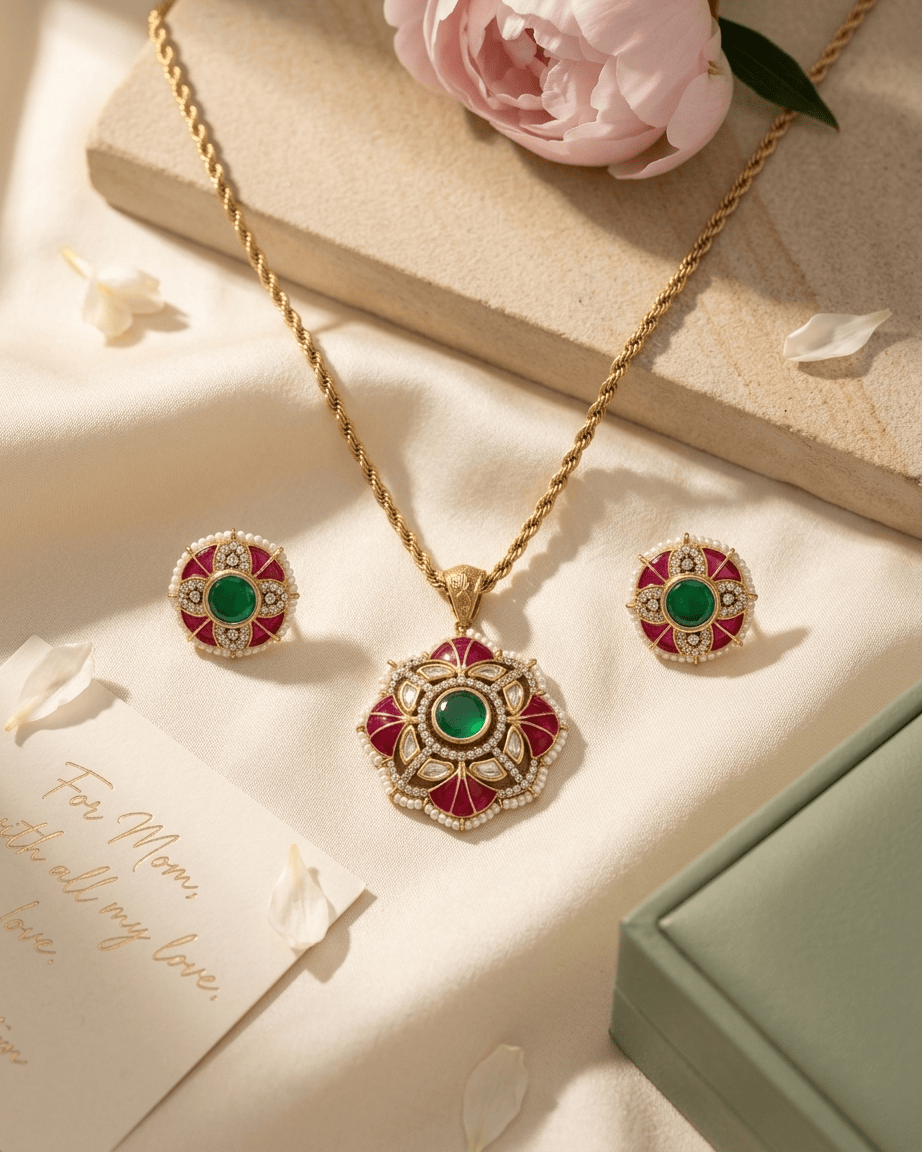 Mataari Pendant Emerald Gold Plated Ruby Jadau Kundan Polki Moissanite Pendant Set