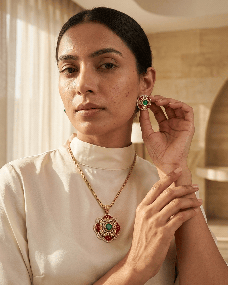 Mataari Pendant Emerald Gold Plated Ruby Jadau Kundan Polki Moissanite Pendant Set