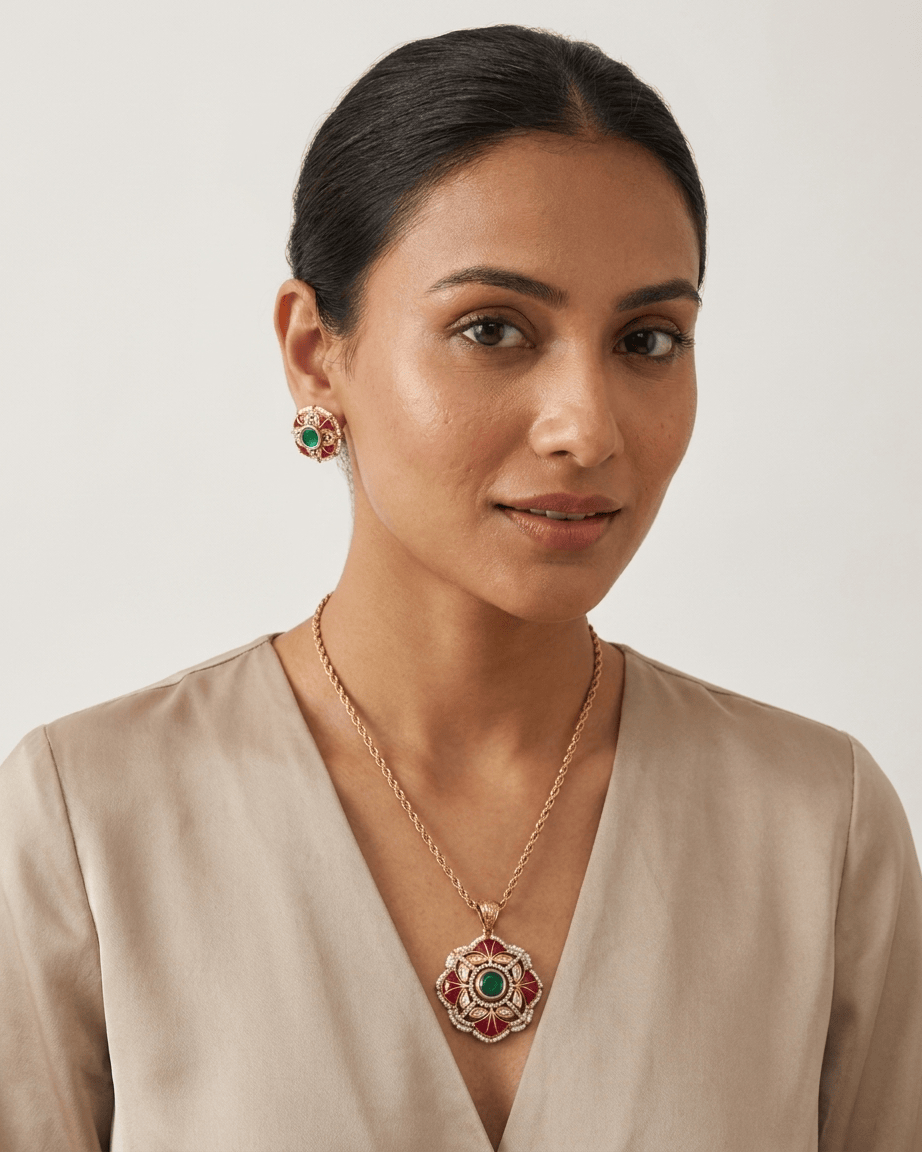 Mataari Pendant Emerald Gold Plated Ruby Jadau Kundan Polki Moissanite Pendant Set