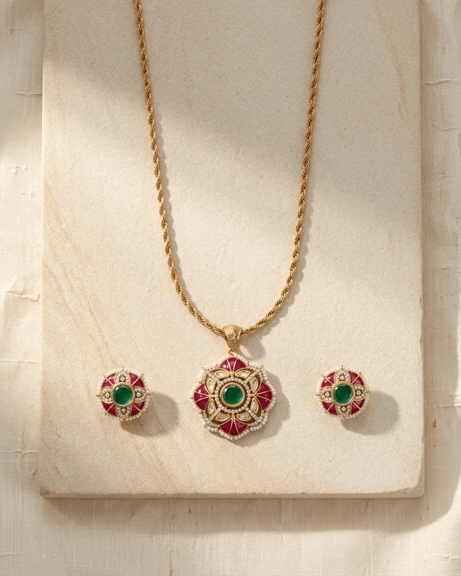 Mataari Pendant Emerald Gold Plated Ruby Jadau Kundan Polki Moissanite Pendant Set