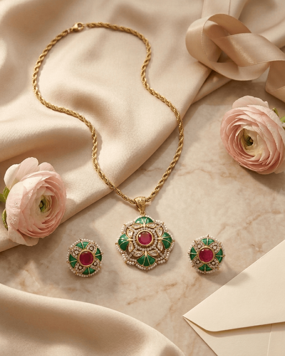Mataari Pendant Emerald Gold Plated Ruby Jadau Kundan Polki Moissanite Pendant Set
