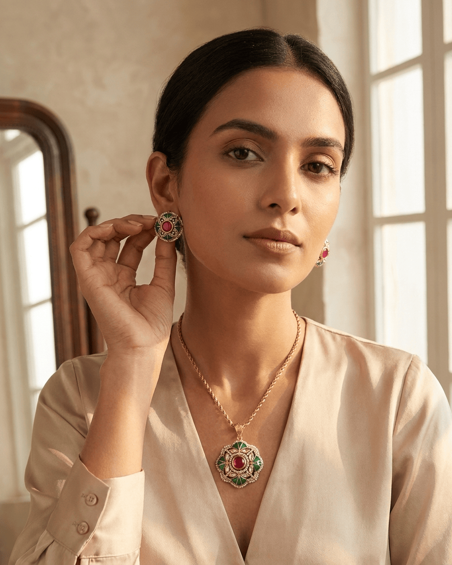 Mataari Pendant Emerald Gold Plated Ruby Jadau Kundan Polki Moissanite Pendant Set