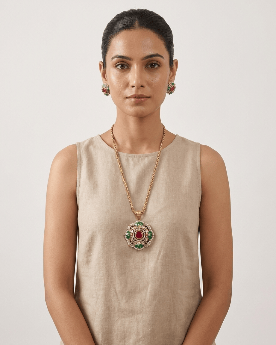 Mataari Pendant Emerald Gold Plated Ruby Jadau Kundan Polki Moissanite Pendant Set