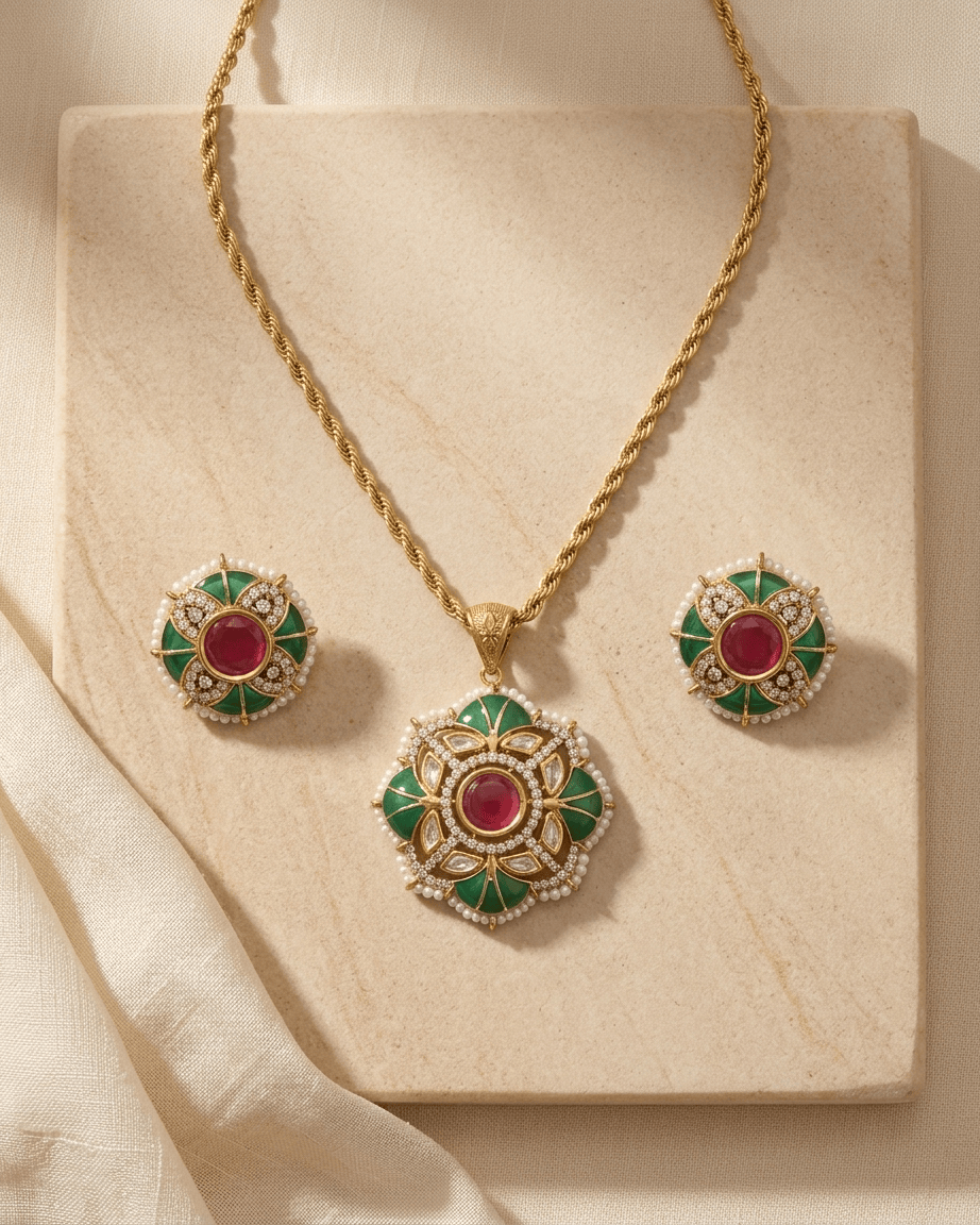 Mataari Pendant Emerald Gold Plated Ruby Jadau Kundan Polki Moissanite Pendant Set